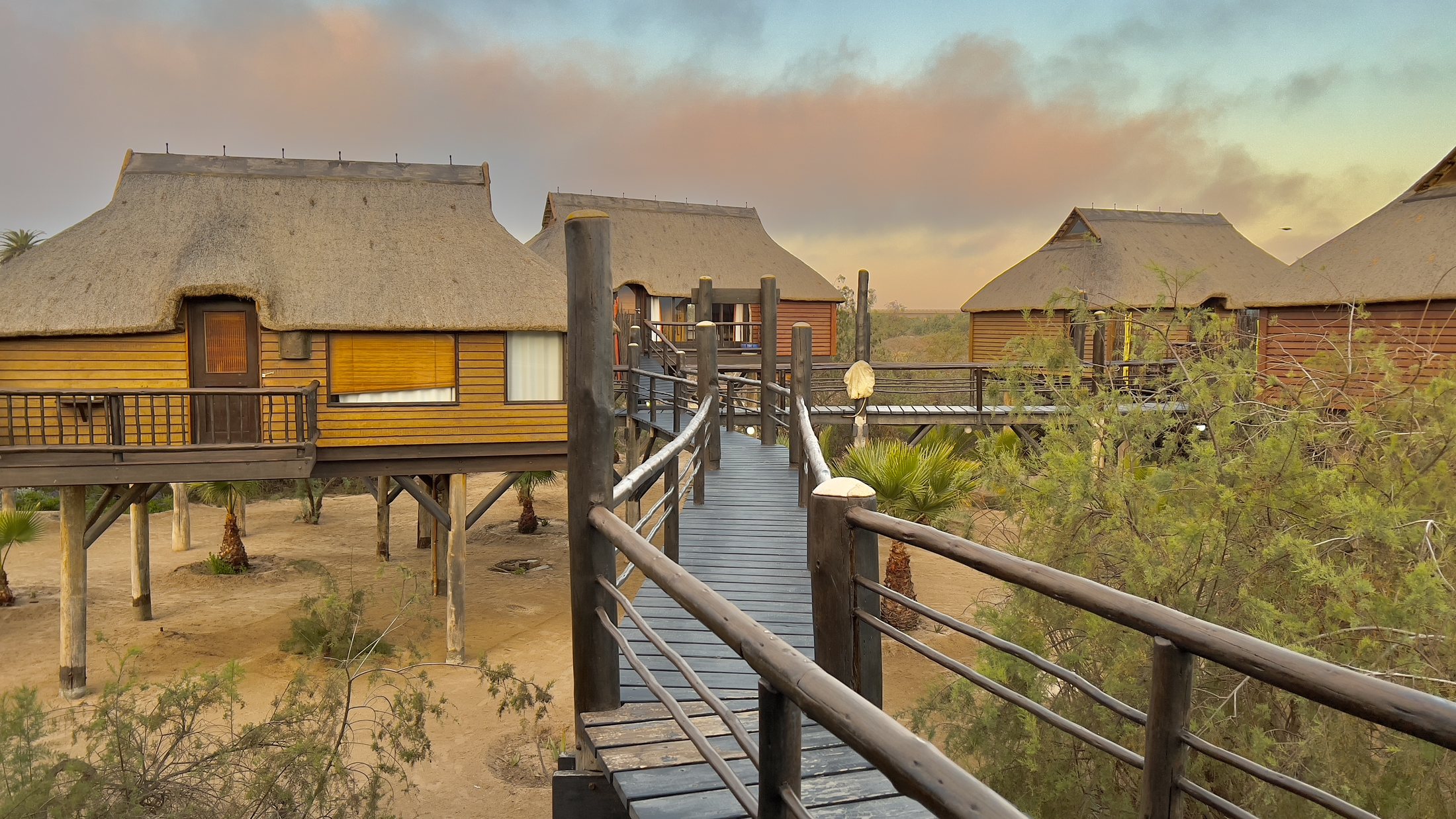 Family bungalows connected by raised walkways at dusk