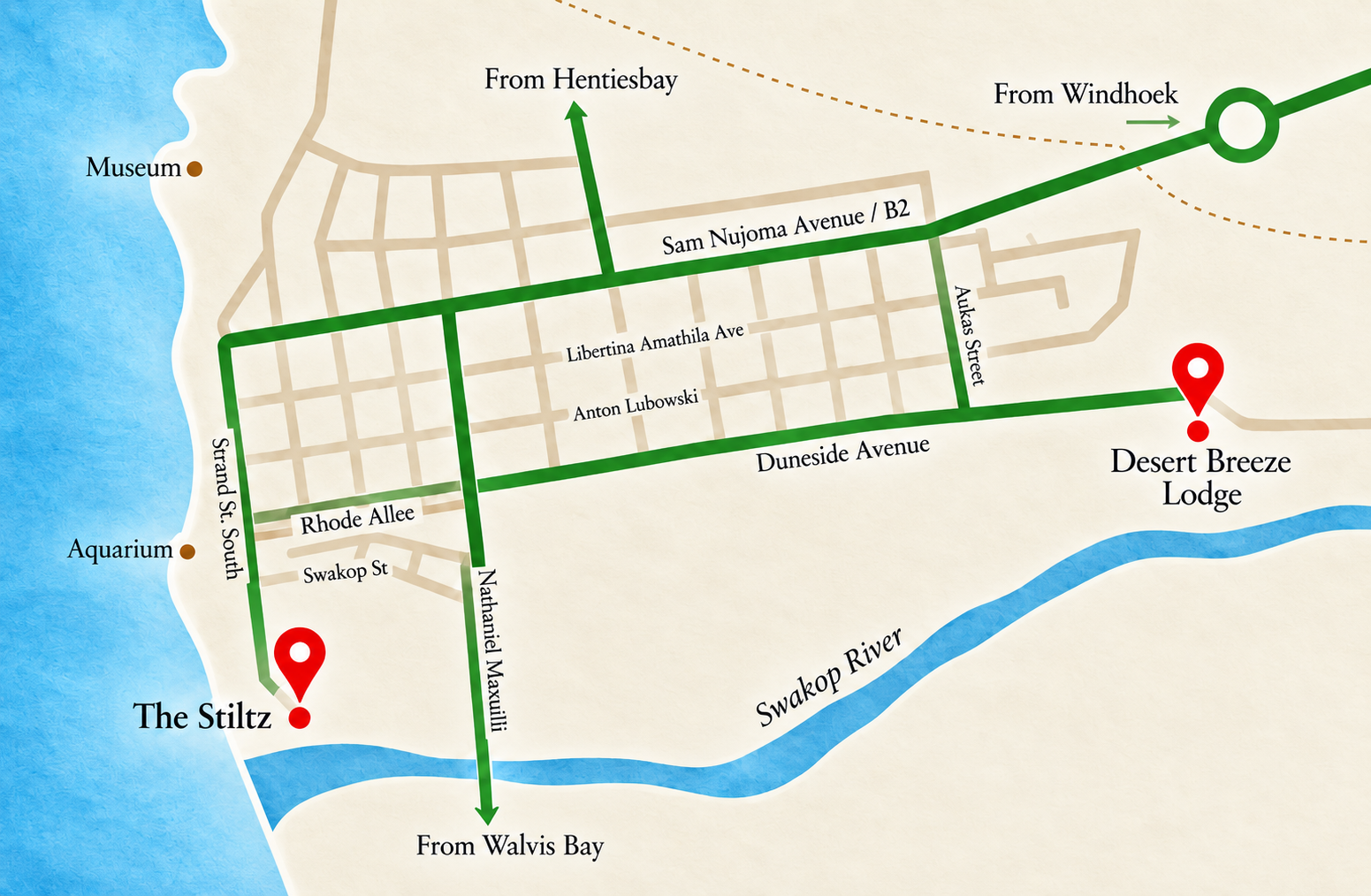 Illustrated map showing Desert Breeze Lodge and The Stiltz in Swakopmund