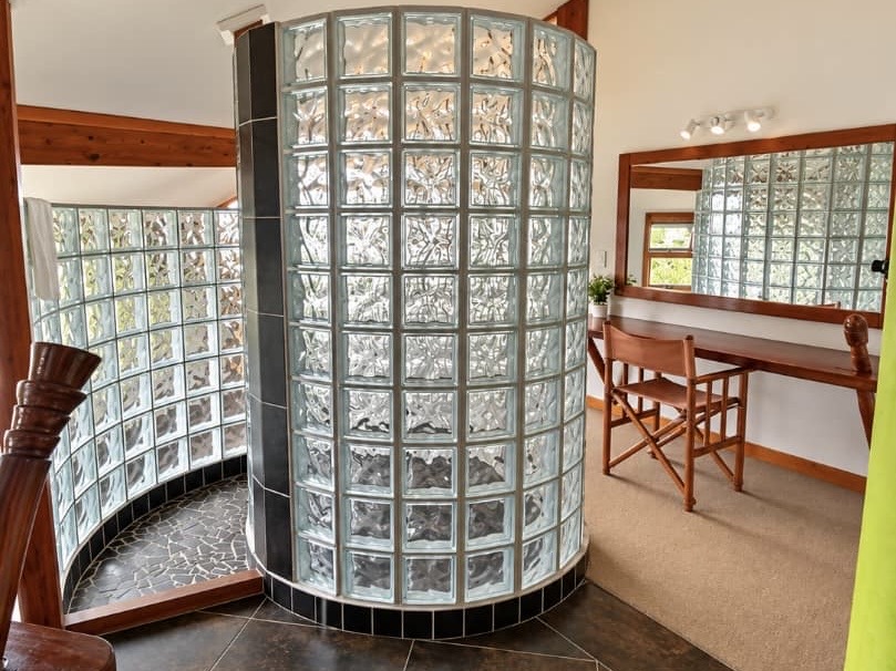 Glass-block shower beside the Villa bathroom window