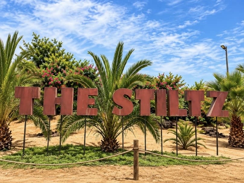 The Stiltz entrance sign among palms